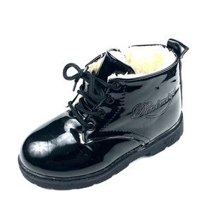 Dinimigi Kids Black Patent Leather Fur Lined Boots Sz 12.5 (30)
